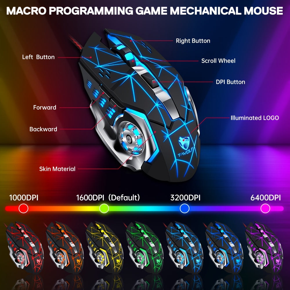 ROORUNS Ergonomic Rainbow RGB Gaming Keyboard & Mouse Set - 40 Keys, Portable Mechanical Keyboard with Adjustable 6-Button Mouse, No Batteries Needed, USB Power, Ideal for PC Gaming, Gaming Accessories | Ergonomic Keyboard |