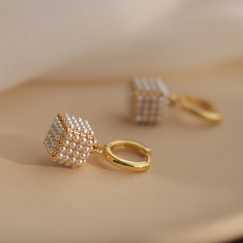 [Valentine's Day Gift] Pair of Elegant Golden-Tone Cubic & Imitation Pearl Earrings - KC Golden-Plated Dangle Jewelry for Women, Valentine's Day Gift, Everyday & Party Accessories, Year-Round Luxury Fashion Jewelry, Sophistic