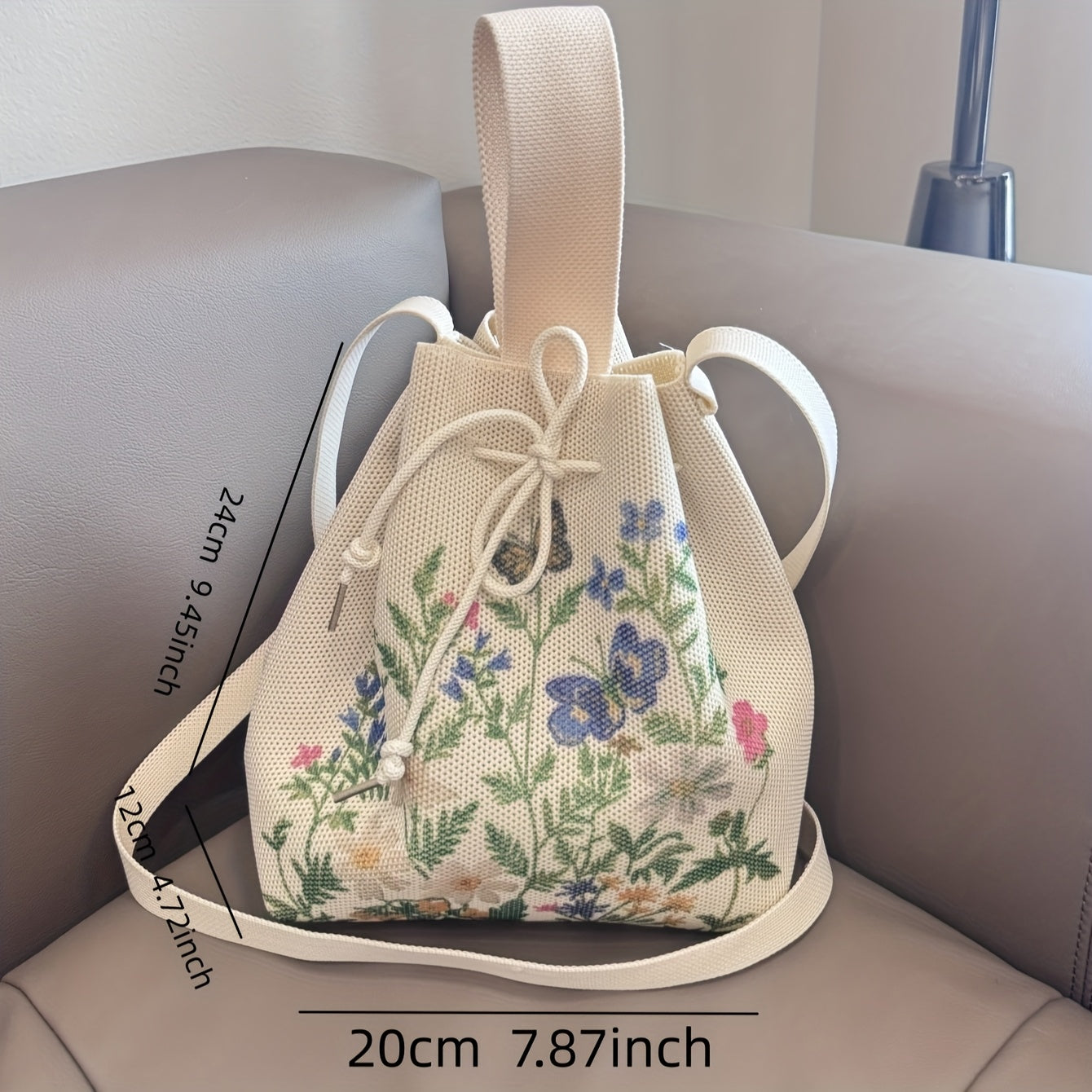 Floral Print Knit Drawstring Bucket Bag – Elegant Polyester Crossbody & Shoulder Bag for Women, Beige with Vibrant Floral Designs, Perfect for Daily Use or Shopping, Versatile Carryall | Lightweight Construction