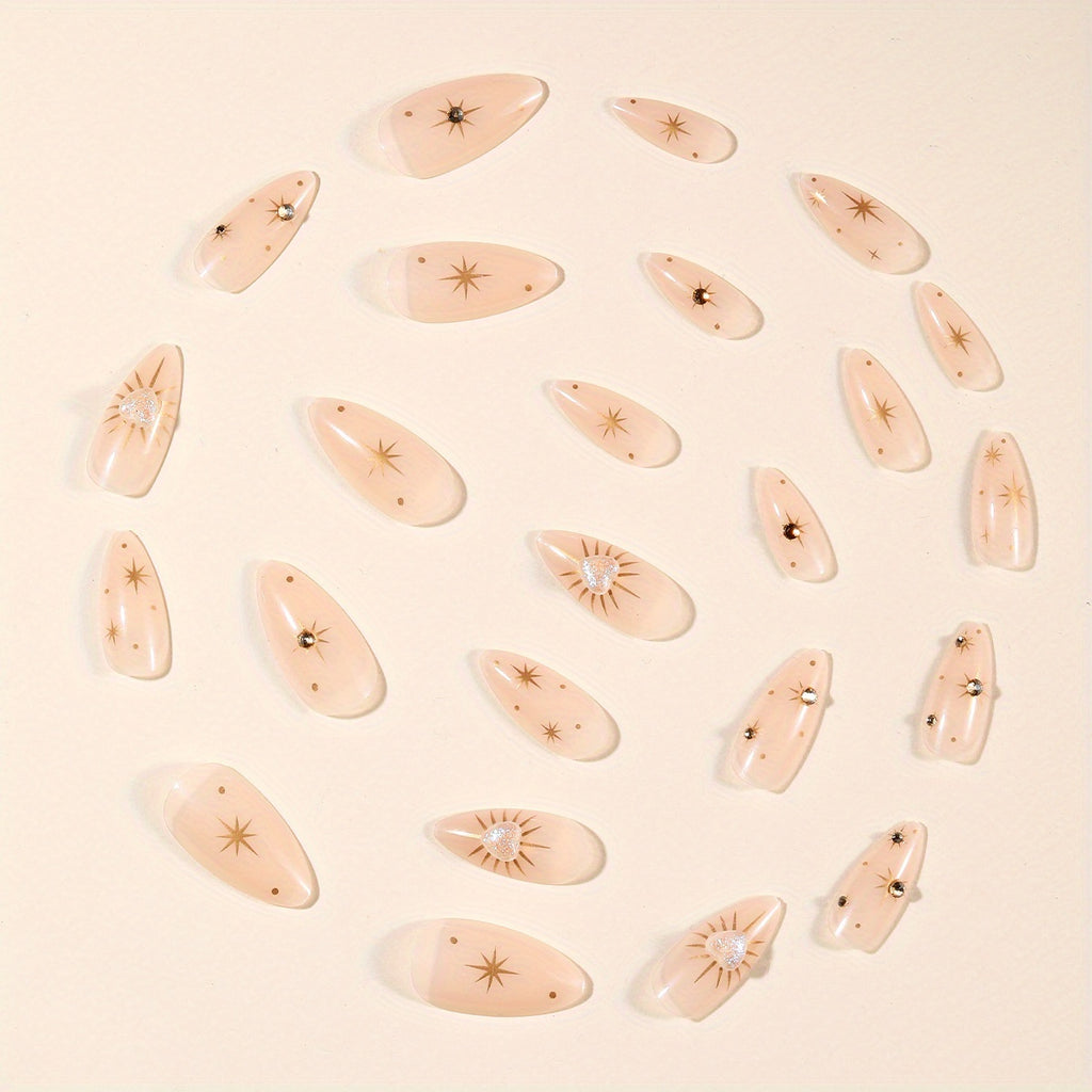 24pcs Almond-Shaped Press-On Nails with Sun, Starry Sky, and Heart Patterns - Glossy Full Coverage Nail Art for Women's Daily Wear, Parties, and Festive Occasions