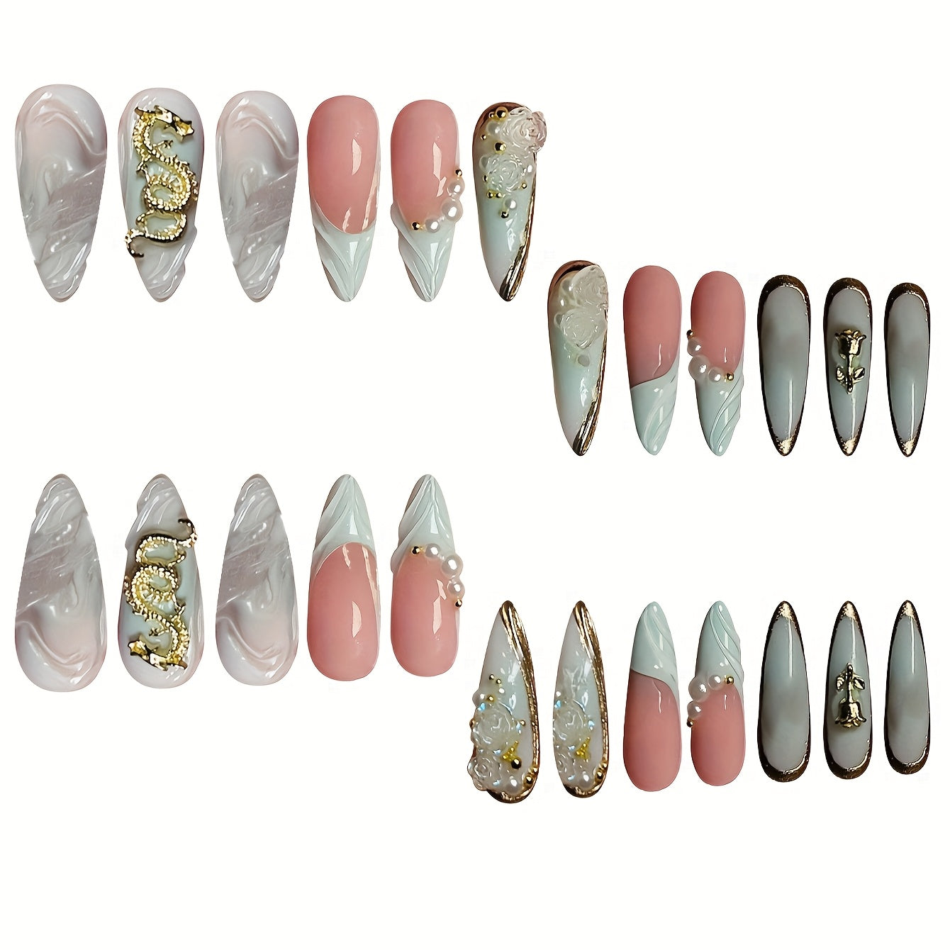 24pcs Luxury Sweet Cool High-End Floral Golden Texture Accented - Milk White and Golden Color Block Almond Medium Fake Nails Set with Jelly Glue and Nail File Included, Perfect Gift for s and Women