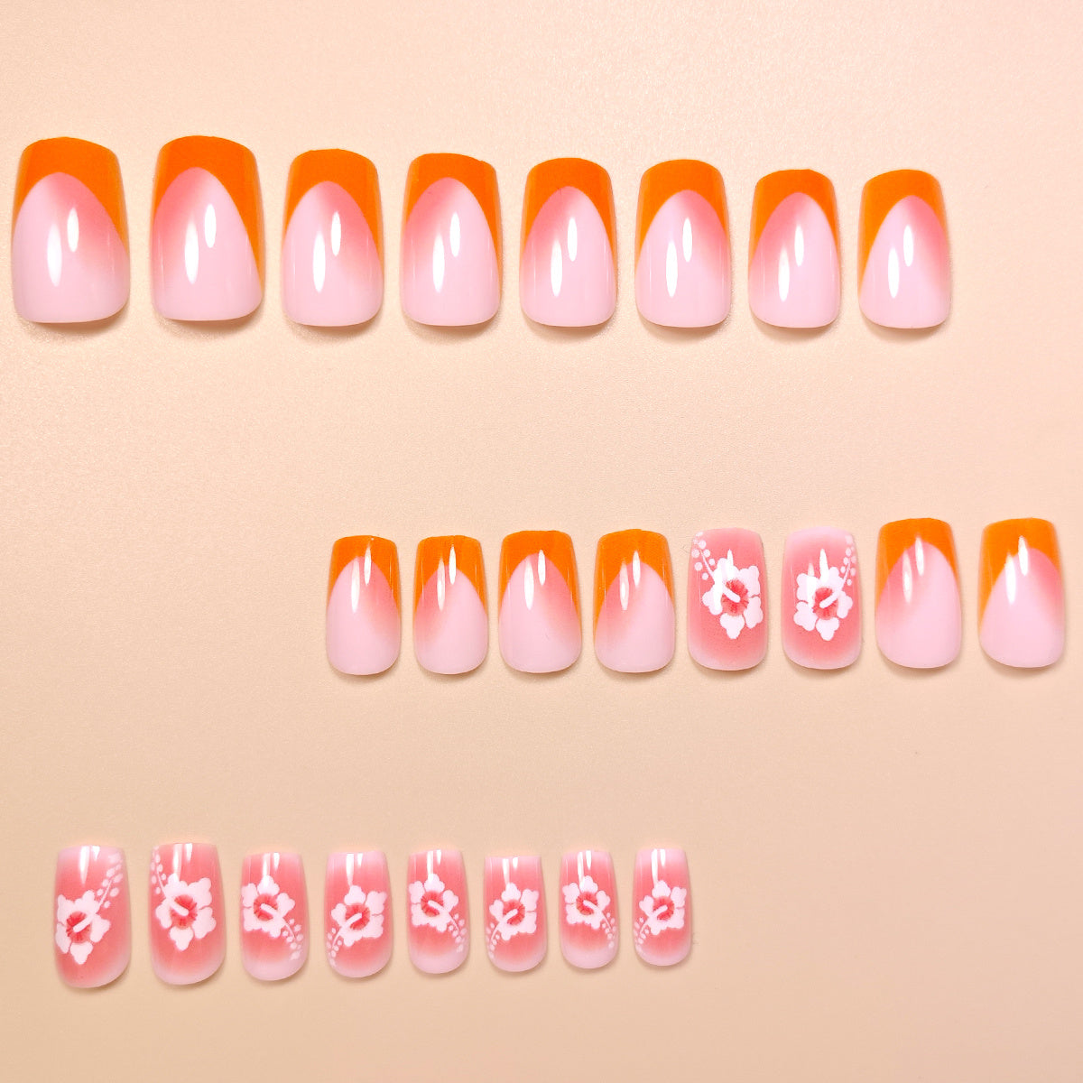 Enhance Your Beauty 24pcs Medium Square Classic Elegant Pumpkin Orange French-Style White Flower Stripe Dot Pink Gradient Ombre Glossy French-Style Fake Nails Fashion Versatile Press-On Nails for Spring Summer Women and Autum