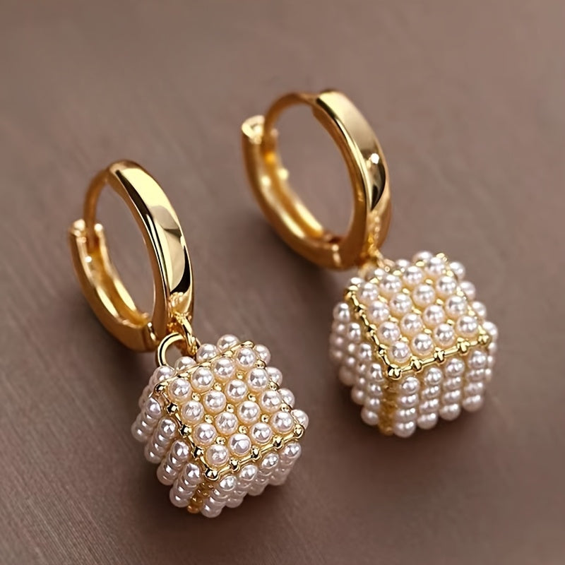 [Valentine's Day Gift] Pair of Elegant Golden-Tone Cubic & Imitation Pearl Earrings - KC Golden-Plated Dangle Jewelry for Women, Valentine's Day Gift, Everyday & Party Accessories, Year-Round Luxury Fashion Jewelry, Sophistic