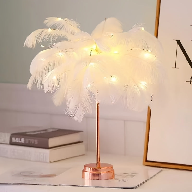 [Pink Feather Table Lamp] Large Modern Artificial Feather Table Lamp with LED Uplight | Elegant Pink & White Design, Brushed Finish, Battery-Powered for Bedroom, Living Room, KTV, Cafe, or Home Decor