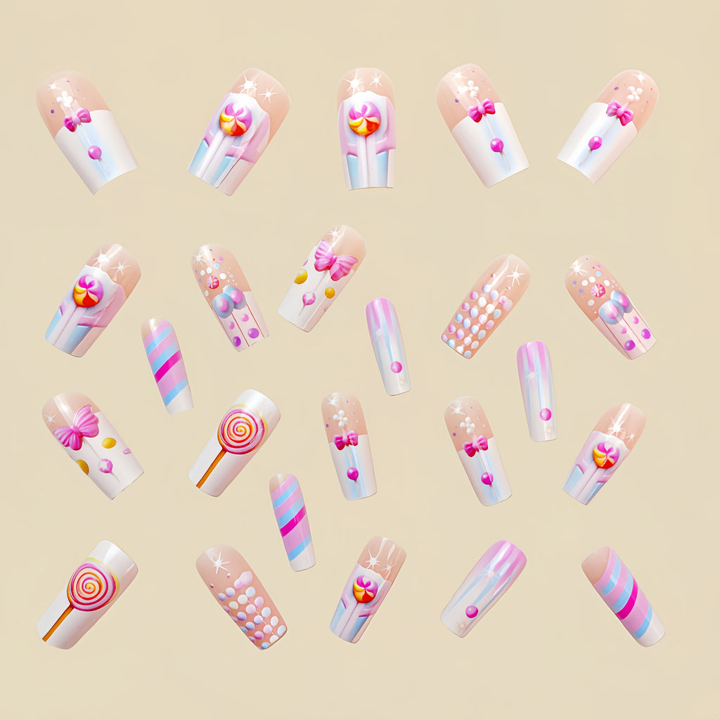 24pcs Removable Nail Stickers, Press-On, Middle Length, European Square, Glossy Finish, Pink Color Tone, Ballet Shape, Striped Leaf Flower Pattern for New Year, Spring Fashion Nail Art