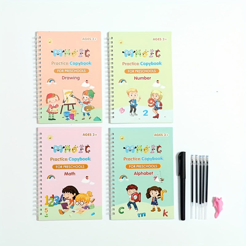 4 Books + 1 Refillable Magic Practice Book + 1 Pen + 5 Pen Refills + Erasable Stickers, Reusable, Mixed Color, Made of Paper, for Writing, Parent-Child Education, Boys and Girls