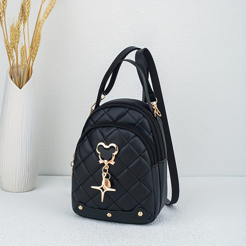 s Rhombus Backpack, Golden-Tone Hardware - Black/Pink/White, Mouse Pad Keychain Lock Compatible, Durable Adjustable Strap & Zipper Closure, Golden-Tone Plaque for Keys, Casual Handbag for Travel, Everyday Use (Poly, for Teena