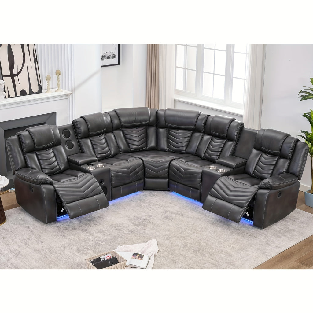 Power Recliner Sectional Sofa Couches With Bass Speakers For Living Room, Leather Reclining Corner Sectionals Sofa Couch Sets With LED Light