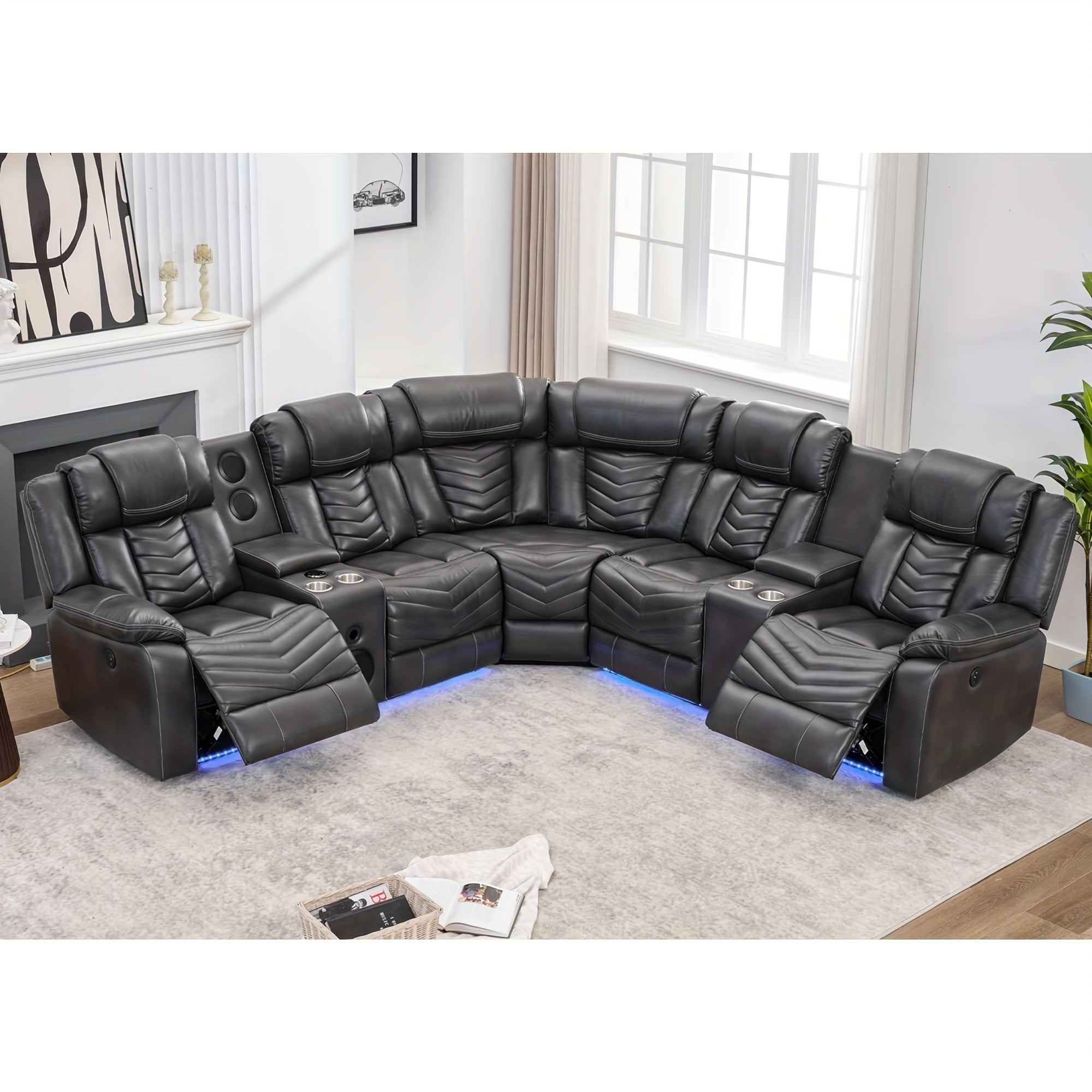 Power Recliner Sectional Sofa Couches With Bass Speakers For Living Room, Leather Reclining Corner Sectionals Sofa Couch Sets With LED Light