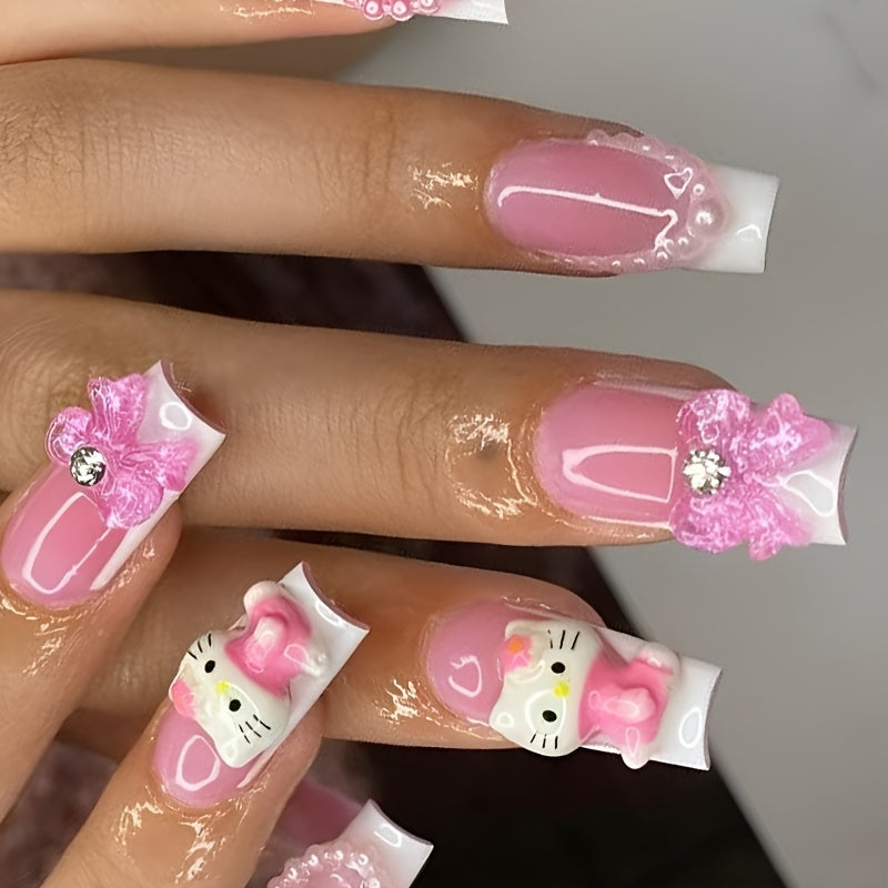 Glam Up with 24pcs Medium-Long Square Cartoon Hello Kitty Bow Heart Rhinestone French Tip Full Cover Nail Set for Women & s