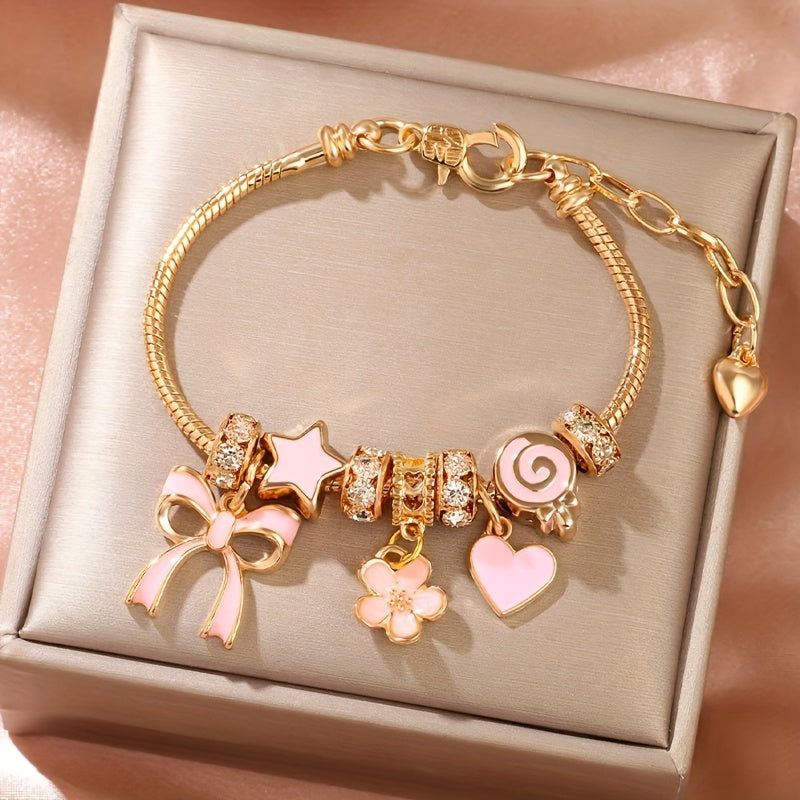 [1pc Rose Golden Charm Bracelet] 1pc Rose Golden-Plated Adjustable Charm Bracelet | Sparkling Artificial Crystal Accents, Ballet-Inspired Design for Valentine's Day, Mother's Day, Weddings & Special Occasions