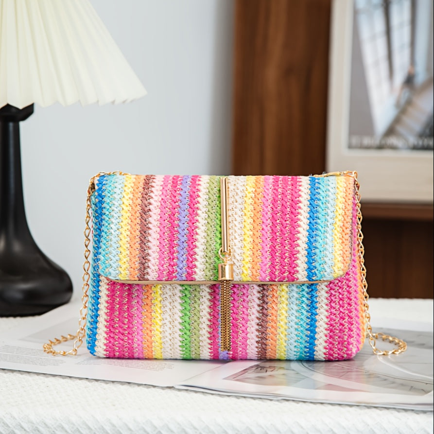 Women's Woven Geometric Pattern Shoulder Bag with Tassel Accents - Detachable Golden Chain Strap & Magnetic Closure, Multicolor Synthetic Material for Urban Chic Style, Novelty Purse, Versatile Fashion Accessory, Polyester Ha