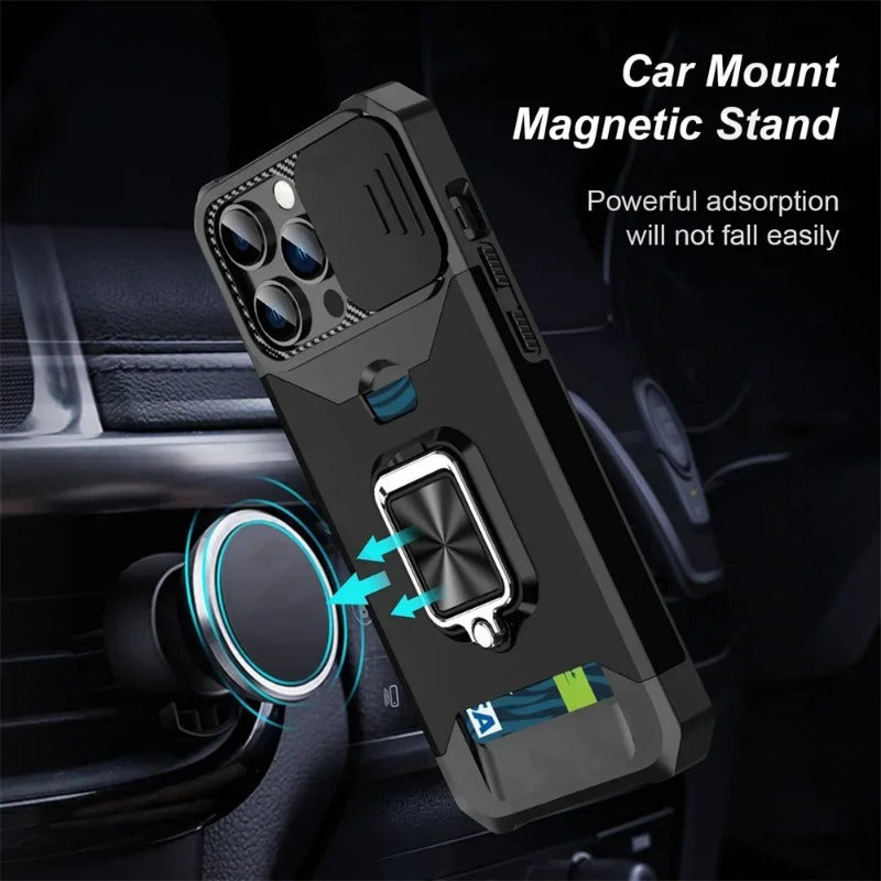 A Protective Case Suitable for Iphone 16, 15, 14, 13, 12, And 11 Pro Max And Plus Models, Featuring a Sliding Camera Slot And a Ring Stand.