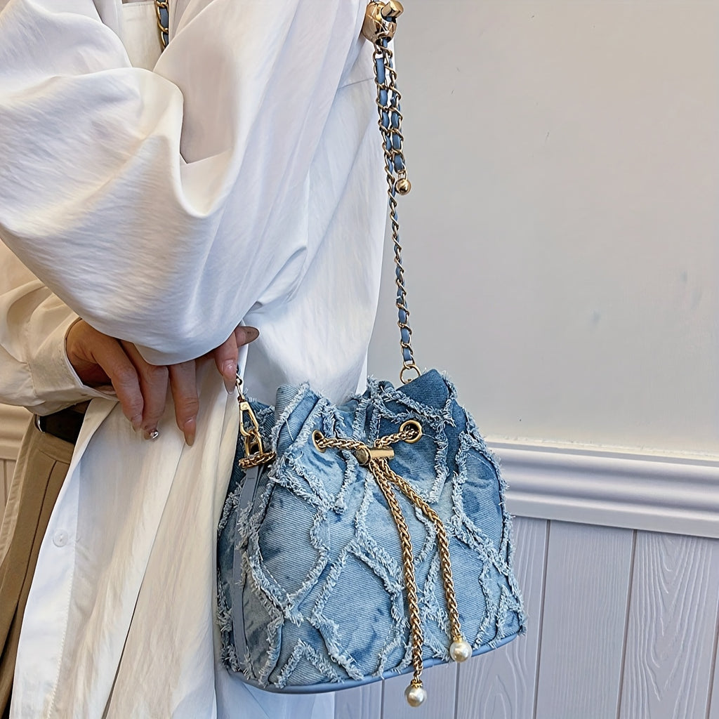 Blue Women's Adjustable Crossbody/Shoulder Bucket Bag with Drawstring Closure - Stylish Textured Daily Handbag, High Quality Shoulder Bag, Multi-purpose Travel Tote Bag - Suitable for Work, Leisure Formal Occasions, Fashionab