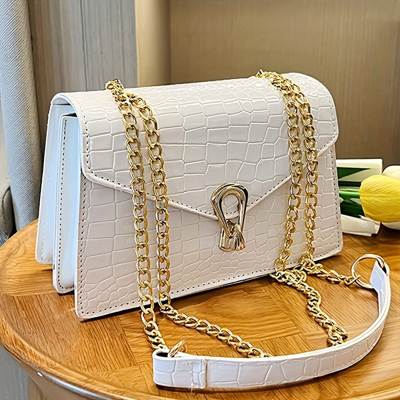 Pink Snake Print Crossbody BagFor Women, Stylish Women's Crocodile Pattern Handbag - Black Shoulder Bag With Detachable Strap Golden-Tone Hardware & Chain Strap, Crossbody Bag Purse Christmas Bags For Gifts Christmas Gift Bag