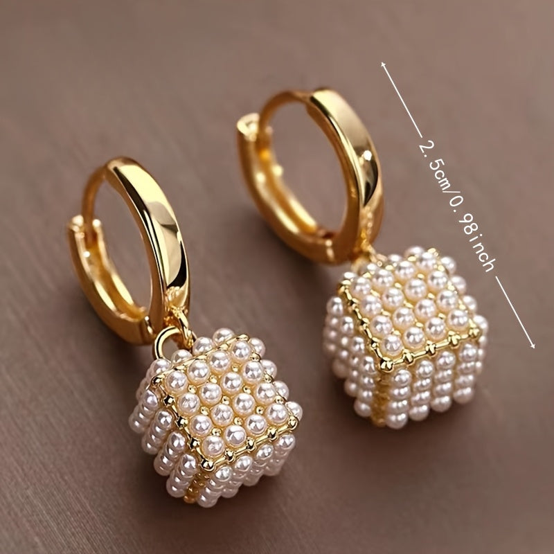 [Valentine's Day Gift] Pair of Elegant Golden-Tone Cubic & Imitation Pearl Earrings - KC Golden-Plated Dangle Jewelry for Women, Valentine's Day Gift, Everyday & Party Accessories, Year-Round Luxury Fashion Jewelry, Sophistic