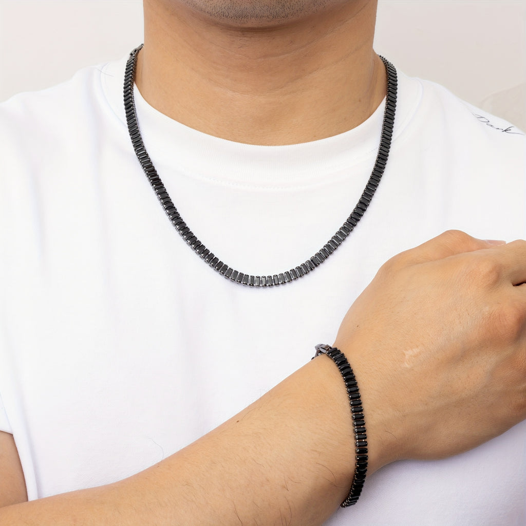 Men's Black Zircon Tennis Bracelet & Necklace Set |