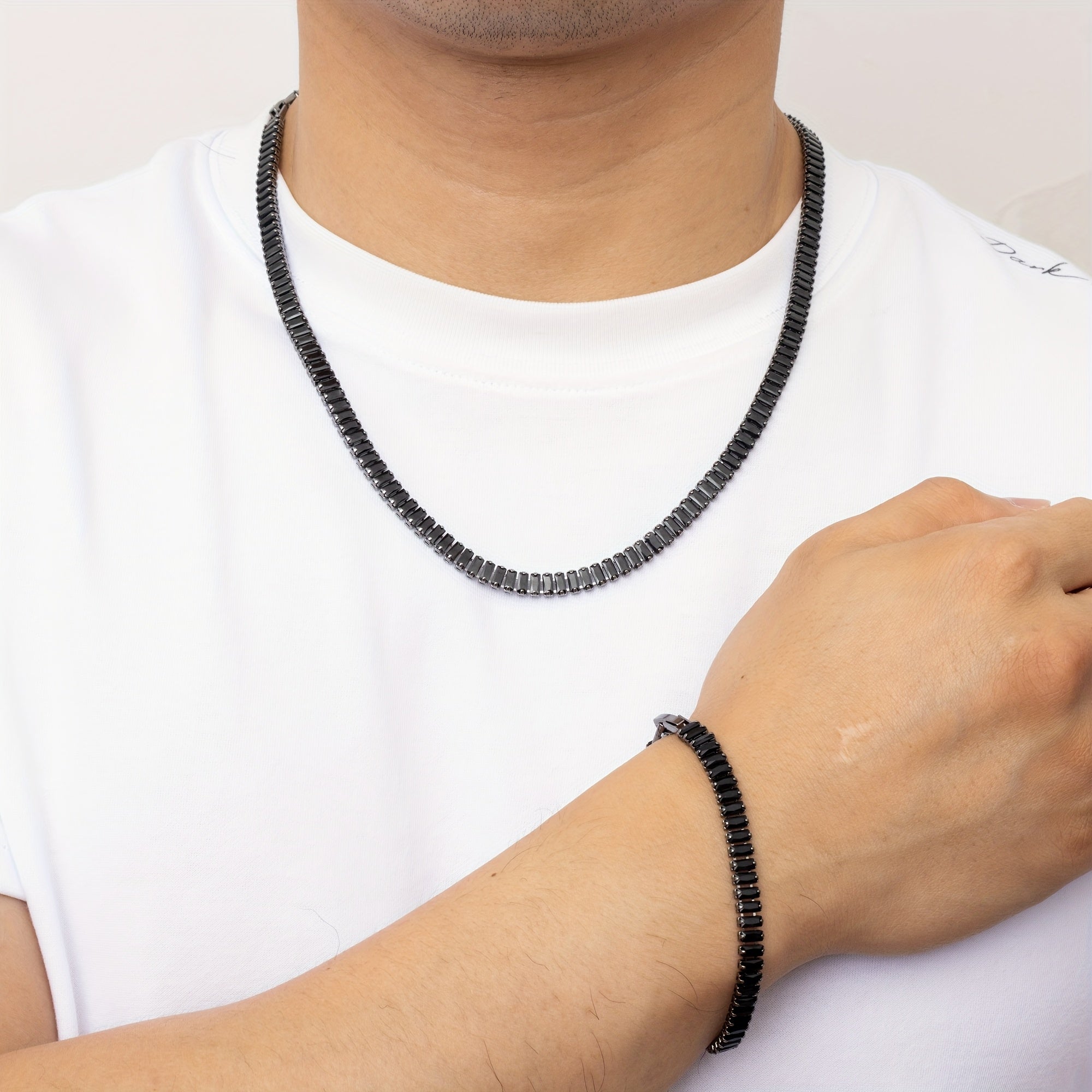 Men's Black Zircon Tennis Bracelet & Necklace Set |