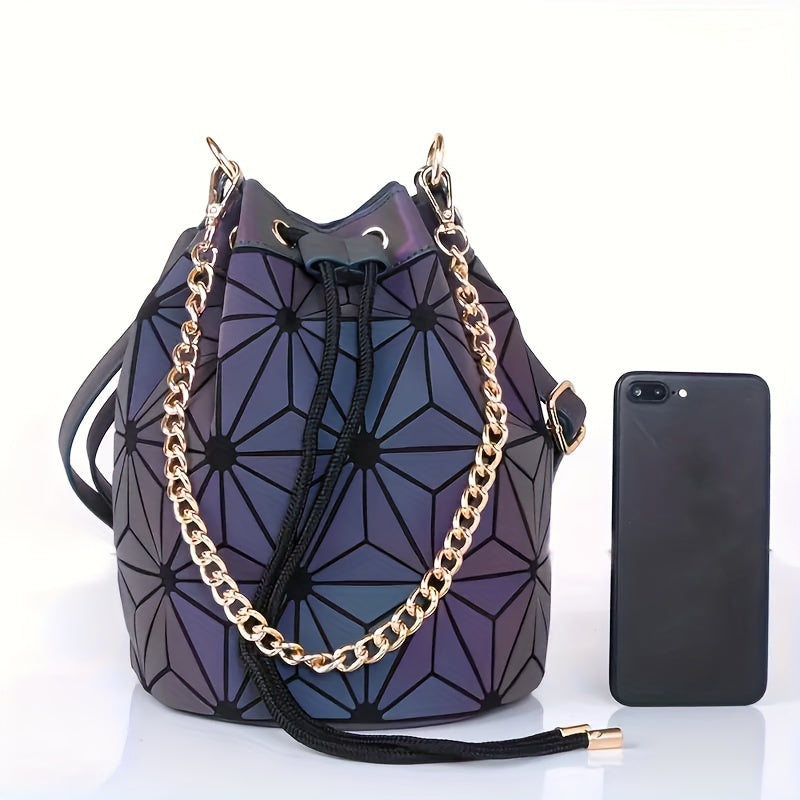 Mini Luminous Drawstring Bucket Bag, Trendy Crossbody Bag, Women's Geometric Handbag & Shoulder Bag