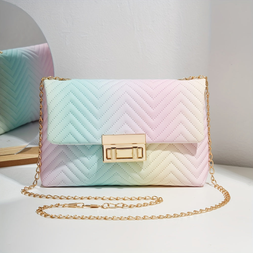 Ombre Wavy Quilted Crossbody Bag, Trendy Chain Shoulder Bag, Women's Turn Lock Flap Square Purses