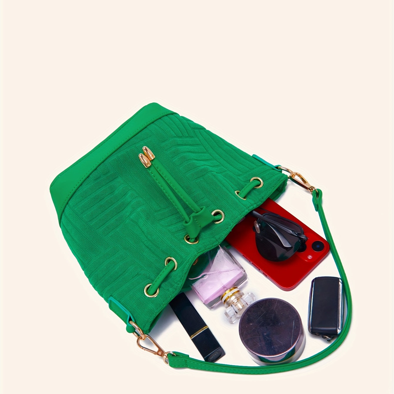 Mini Drawstring Metal Chain Crossbody Bucket Bag, Dacron Textured Bag Purse, Classic Versatile Fashion Shoulder Bag