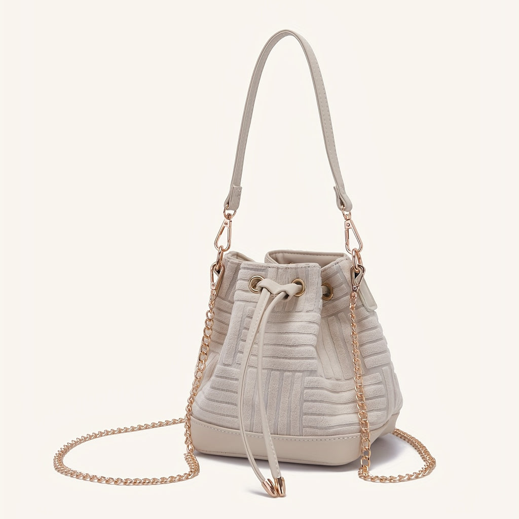 Mini Drawstring Metal Chain Crossbody Bucket Bag, Dacron Textured Bag Purse, Classic Versatile Fashion Shoulder Bag