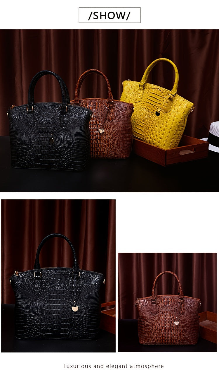 Luxurious crocodile patterned with three-dimensional pattern / metal round buckle decoration / dual handles and adjustable shoulder strap design / large capacity to meet the needs of commuting, business, and travel scenarios