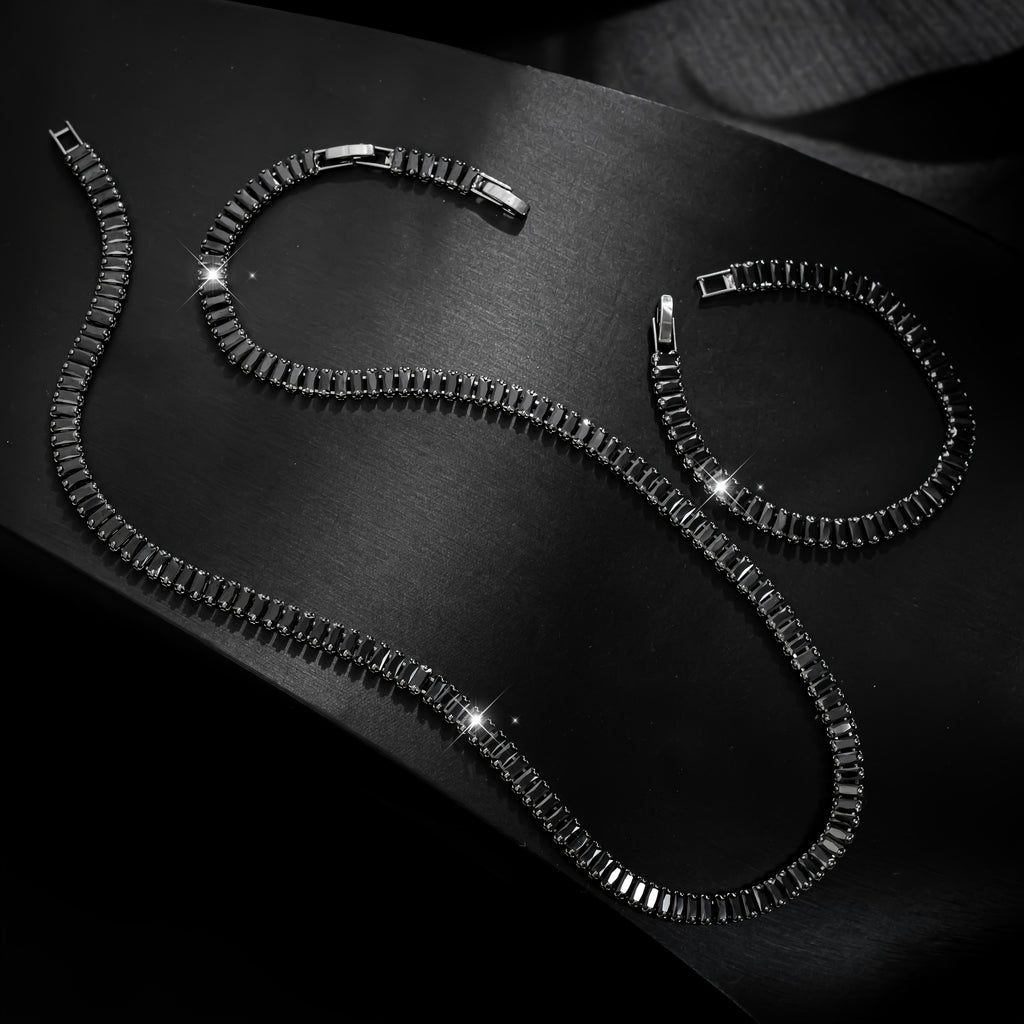 Men's Black Zircon Tennis Bracelet & Necklace Set |