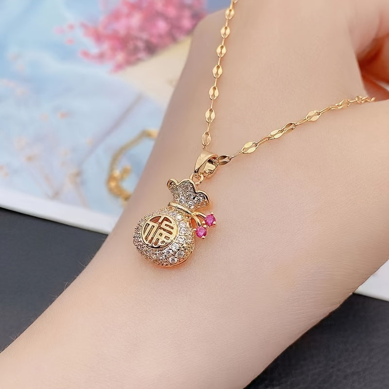 Fashion Money Bag Pendant Necklace for Women - Alloy, Yellow, Synthetic Cubic Zirconia, Fashion Themed, Suitable for Ages 15+ - Elegant Non-Plated Korean/Japanese-Inspired Design with Lucky Fu Bag Charm
