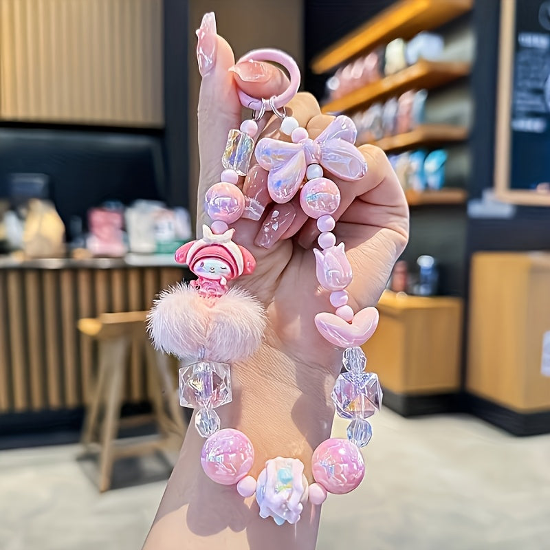 Sanrio Licensed Mobile Phone Lanyard Wrist Strap - Pastel Pink/Purple Multi-Bead Design with Bow/Tulip/Cartoon Avatar/Square Beads & Fluffy Ball Decor, Cute Sanrio Cartoon Doll Charm for Daily Commute/Shopping/Gifting (Girls'