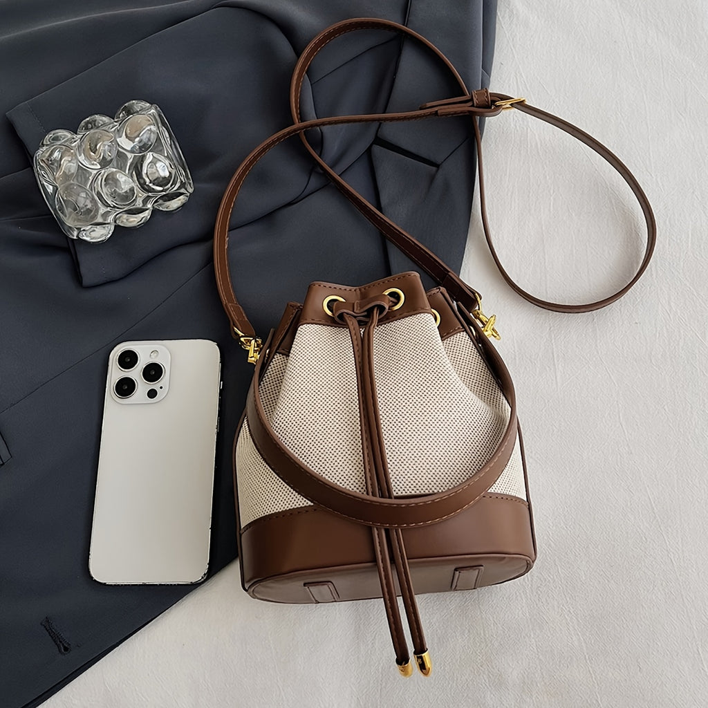 Wo 's Bucket Bag with Braided Rope Closure - Beige & Brown Casual Handbag, Detachable Strap for Shoulder   or Hand Carry, Spacious Everyday Tote for Work & Outings