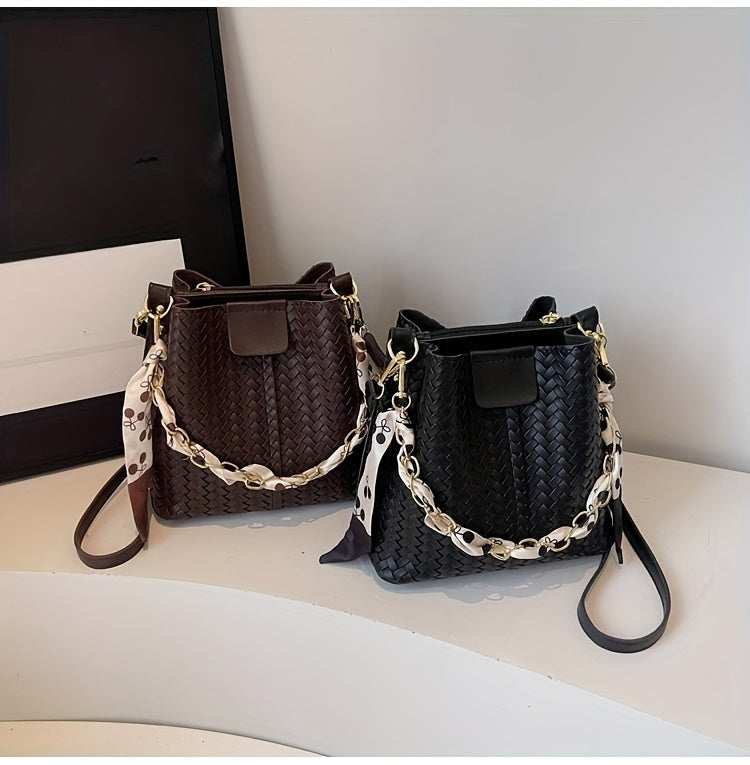 Women's Woven Tote & Bucket Bag - Convertible Crossbody/Handbag with Golden-Tone Hardware, Beige/Black Detachable Strap, Retro Woven-Pattern Shoulder Purse for, Casual & Formal Events (Adjustable, Snap Closure)