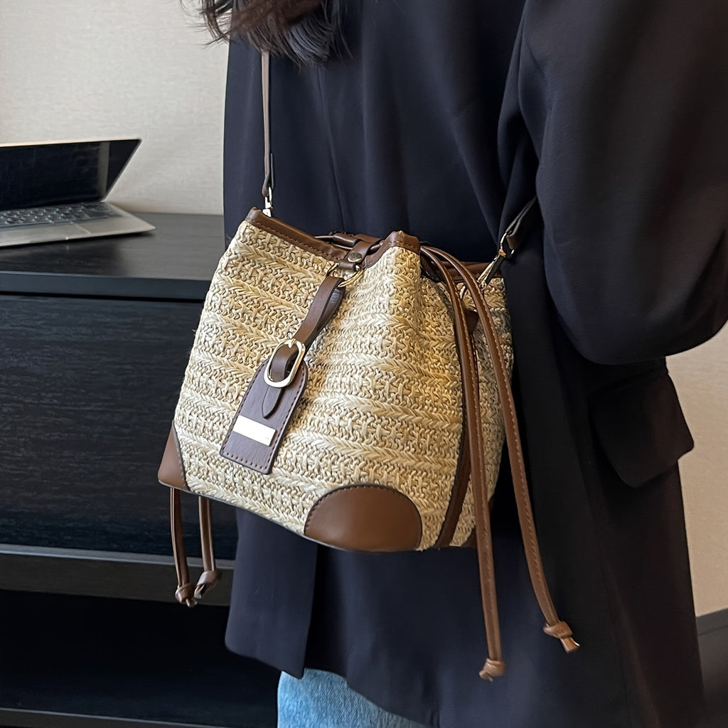 LABOONOO Women's Geometric Straw Bucket Bag - Hemp Crossbody Shoulder Purse with Adjustable Drawstring Closure, Beige & Brown Boho-Chic Design for Casual & Formal Occasions, Crossbody Purse