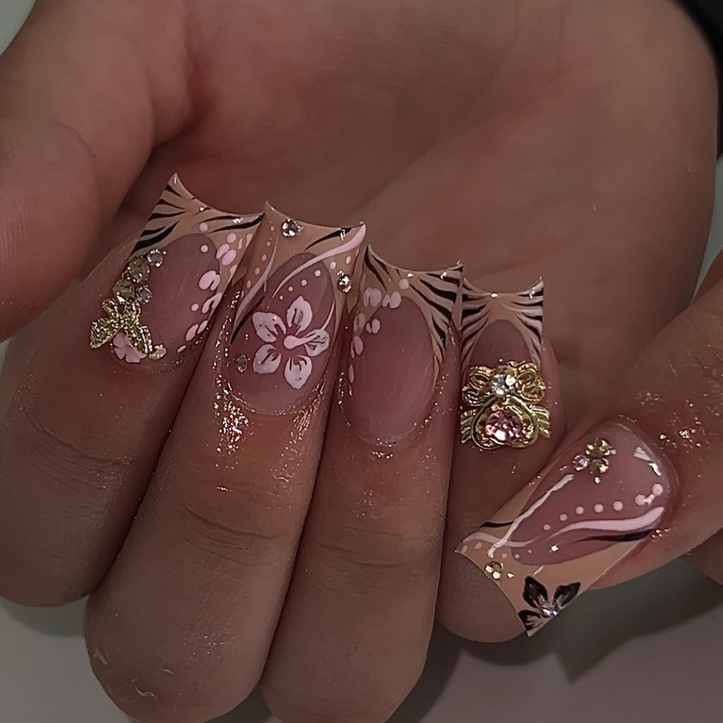 24pcs Short Square French-Style Fake Nails Set with Luxury 3D Sweet Heart Synthetic Gemstones, Elegant Golden Butterfly, and Charming Stamen Design. Suitable for All Women and. Includes Nail Buffer and Jelly Glue for Easy App