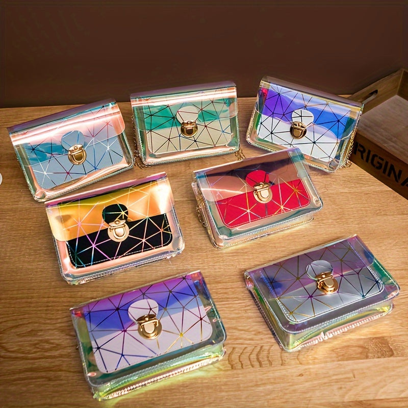 Chic Laser-Cut Transparent Crossbody Bag for Women - Fashionable Striped PVC Shoulder Purse with Chain Strap, Versatile & Colorful