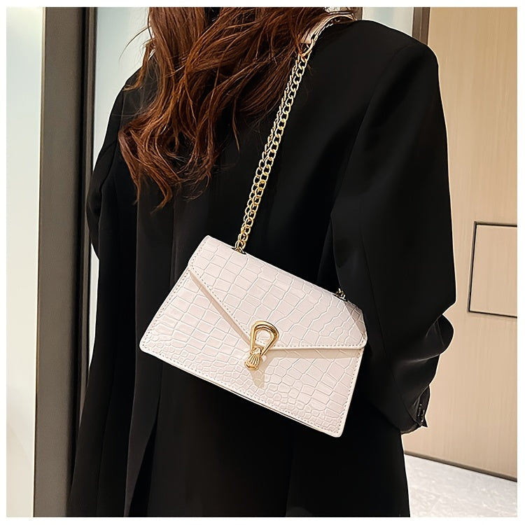 Pink Snake Print Crossbody BagFor Women, Stylish Women's Crocodile Pattern Handbag - Black Shoulder Bag With Detachable Strap Golden-Tone Hardware & Chain Strap, Crossbody Bag Purse Christmas Bags For Gifts Christmas Gift Bag