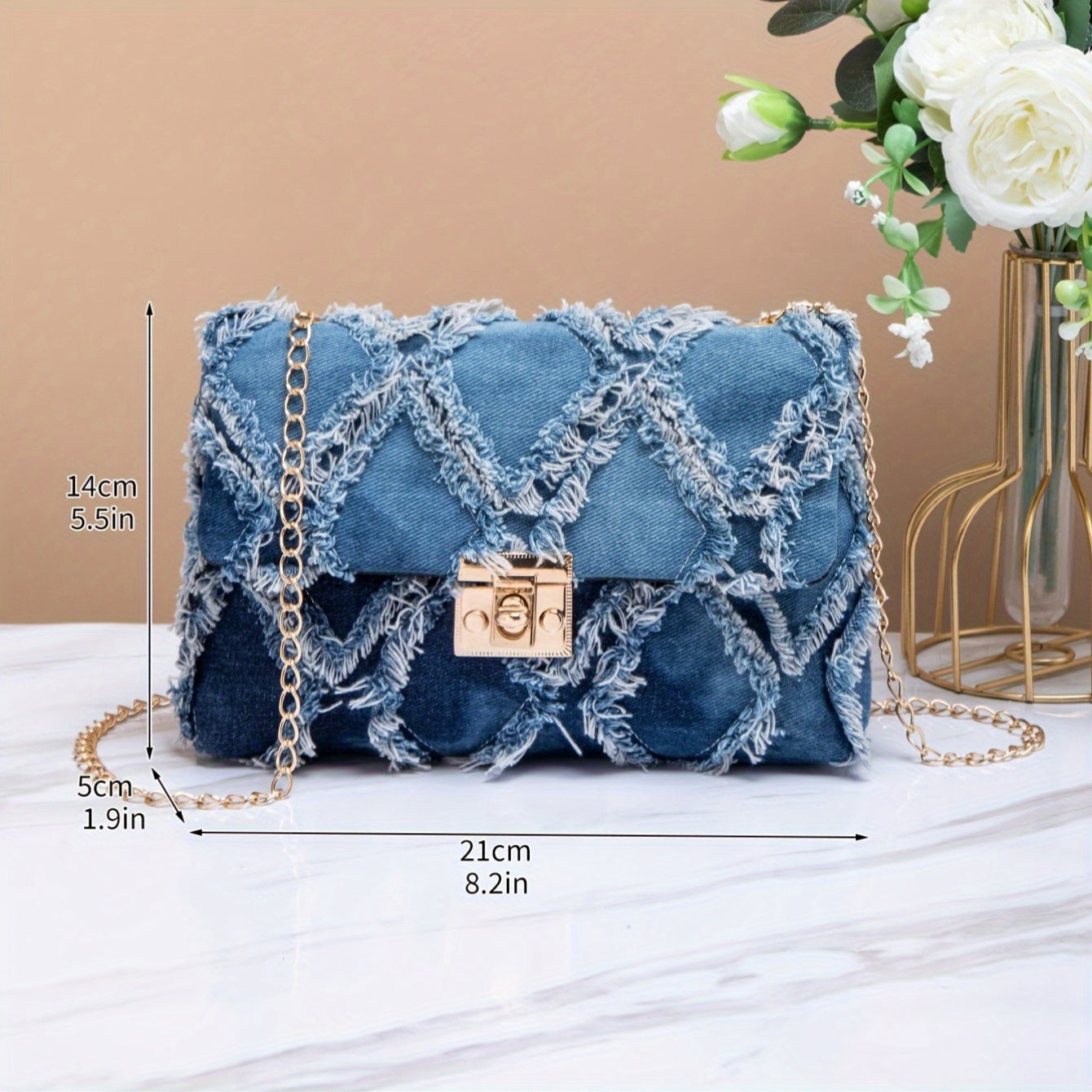 Blue Vintage-Inspired Denim Chains Crossbody Bag with Golden-Tone Hardware, Detachable Chain Strap & Tassel Accents - Elegant Canvas Purse for Everyday Casual or Street Style, Fashionable Accessory | Elegant Accessory | Decor