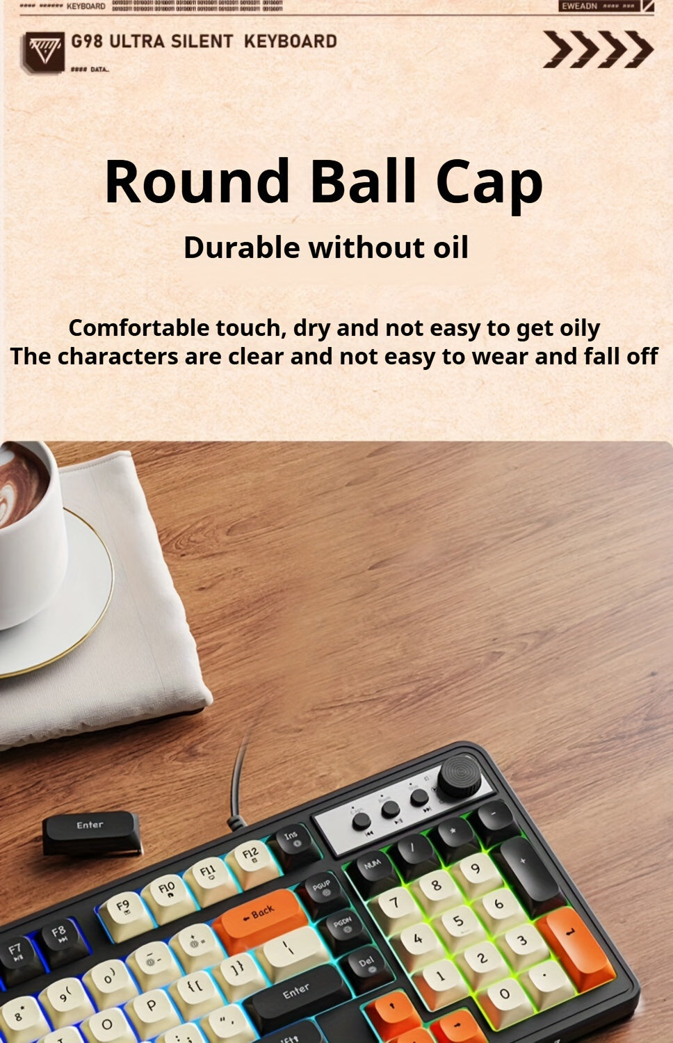 [Wired Gaming Keyboard] EWEADN Wired Gaming Keyboard with Rainbow Backlit, Portable Black Keyboard for Office-98 Keys, Computer External Keyboards Ergonomic Design, with Multimedia Knob, Ball Keycaps, for Gamers and Office, C