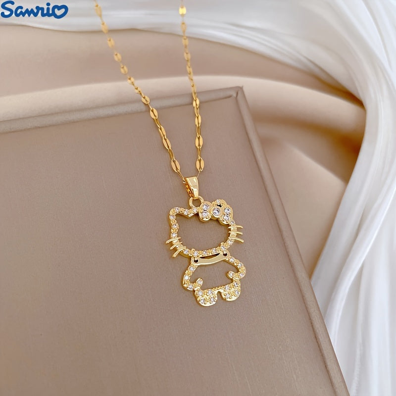 [Dainty Kawaii Cat Lover Gift] 1pc Sanrio Kate Cat Necklace | Stainless Steel Cute Hollow Collar Bone Chain with Black Bead Accent - Minimalist Everyday Jewelry for Women, Dainty Kawaii Cat Lover Gift, Year-Round Wear, Comfor