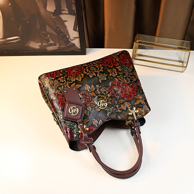 Floral Handbag for Wo, Autumn Winter New Arrival, Hand-Painted Tote with Zipper Closure, Elegant Mom Purse