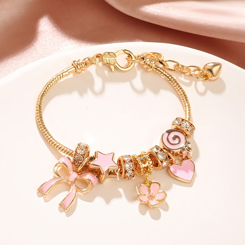 [1pc Rose Golden Charm Bracelet] 1pc Rose Golden-Plated Adjustable Charm Bracelet | Sparkling Artificial Crystal Accents, Ballet-Inspired Design for Valentine's Day, Mother's Day, Weddings & Special Occasions