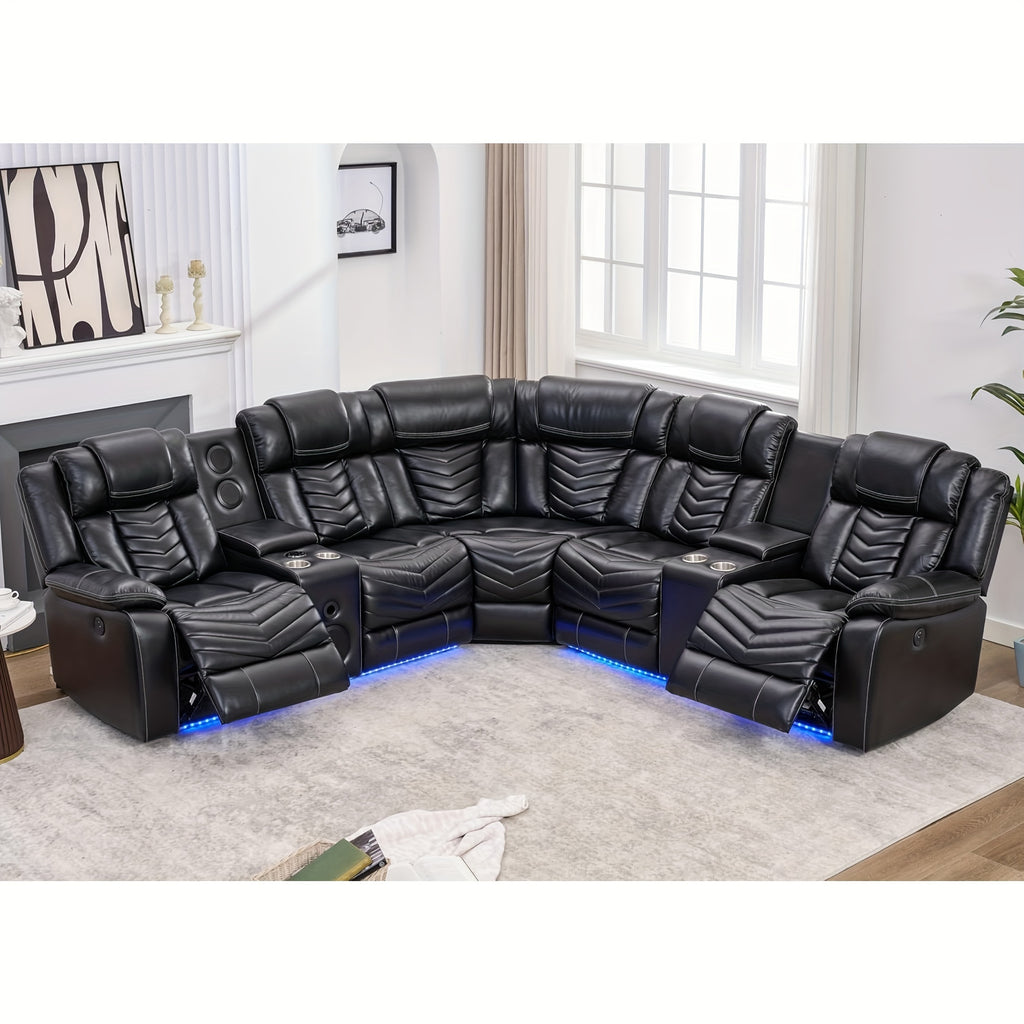 Power Recliner Sectional Sofa Couches With Bass Speakers For Living Room, Leather Reclining Corner Sectionals Sofa Couch Sets With LED Light