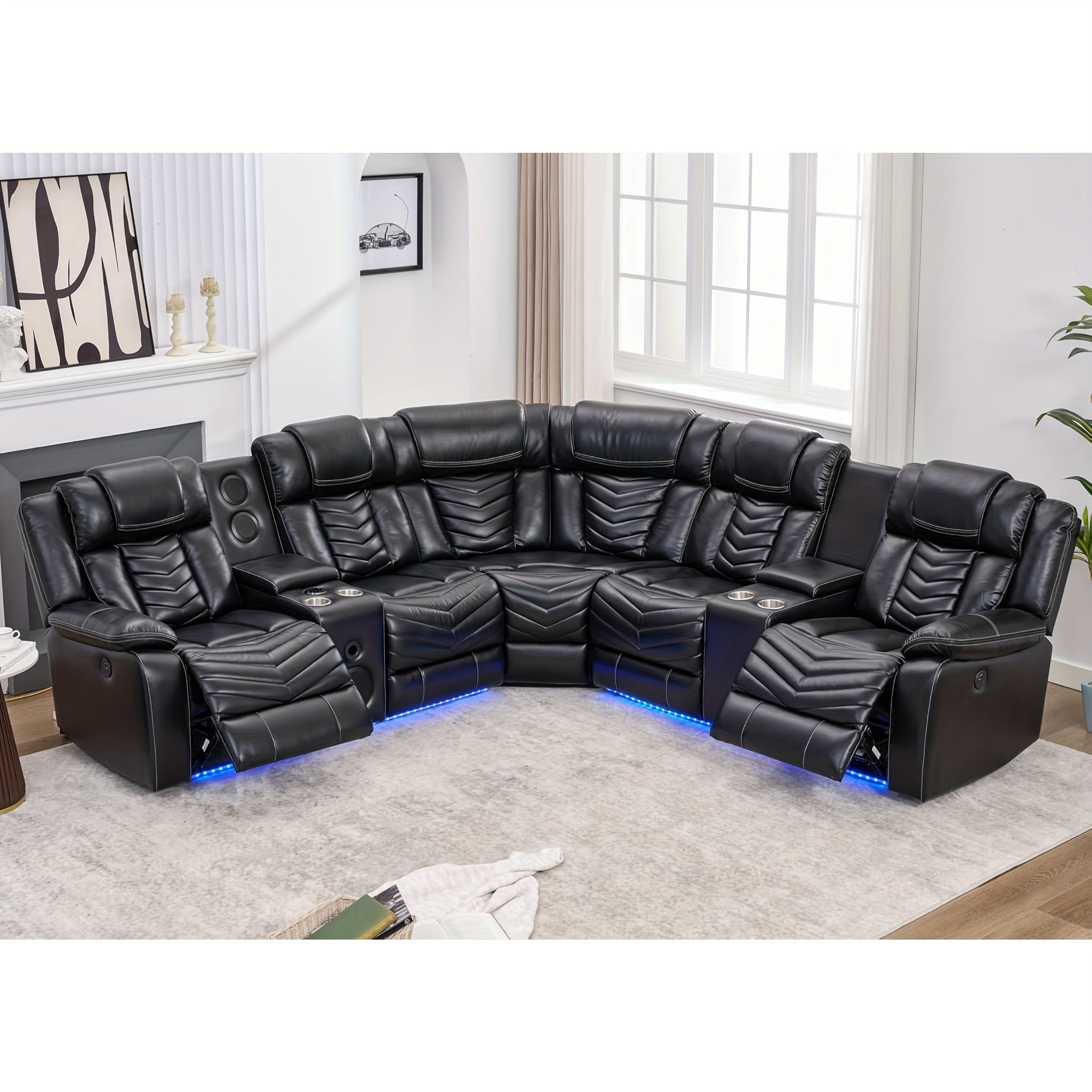 Power Recliner Sectional Sofa Couches With Bass Speakers For Living Room, Leather Reclining Corner Sectionals Sofa Couch Sets With LED Light