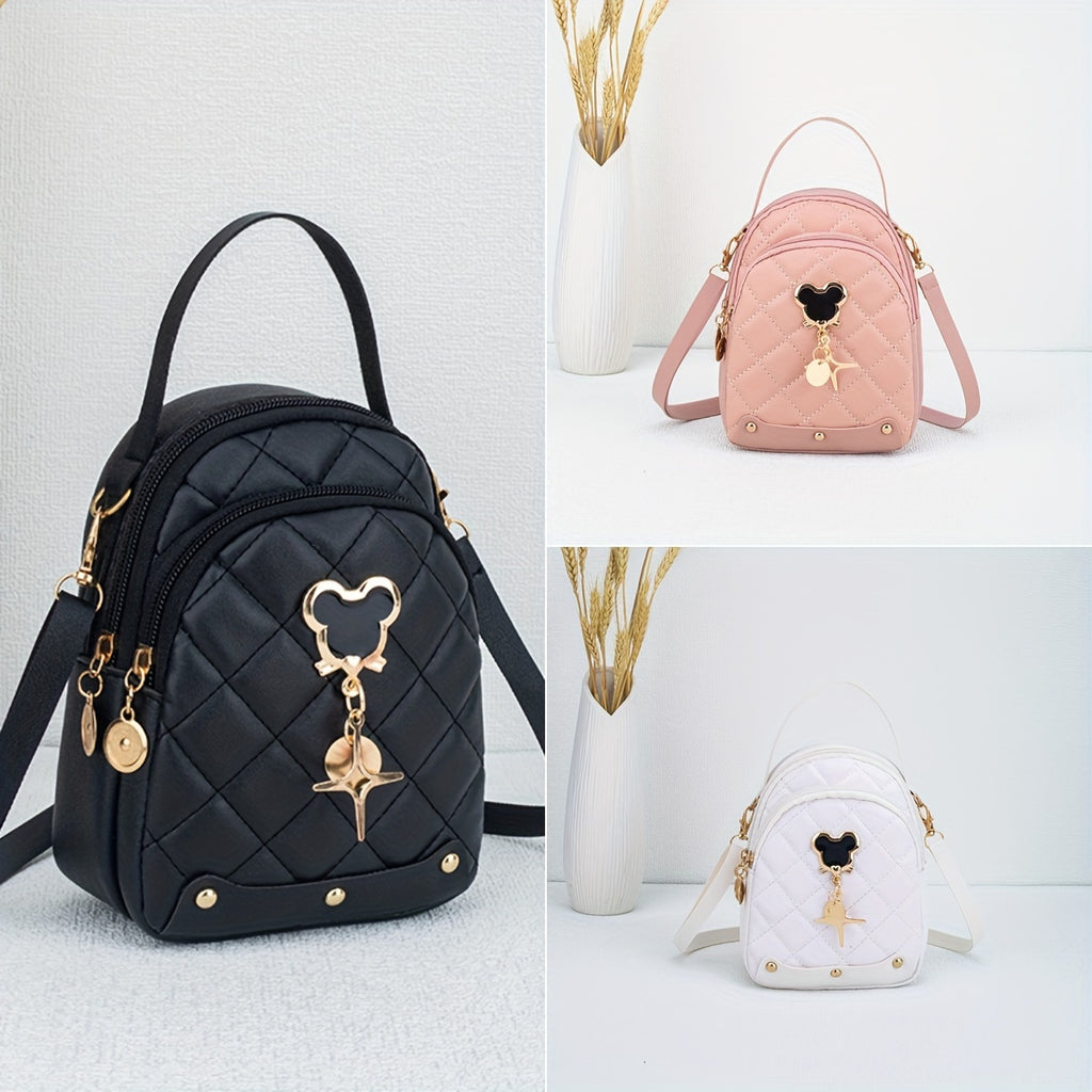 s Rhombus Backpack, Golden-Tone Hardware - Black/Pink/White, Mouse Pad Keychain Lock Compatible, Durable Adjustable Strap & Zipper Closure, Golden-Tone Plaque for Keys, Casual Handbag for Travel, Everyday Use (Poly, for Teena