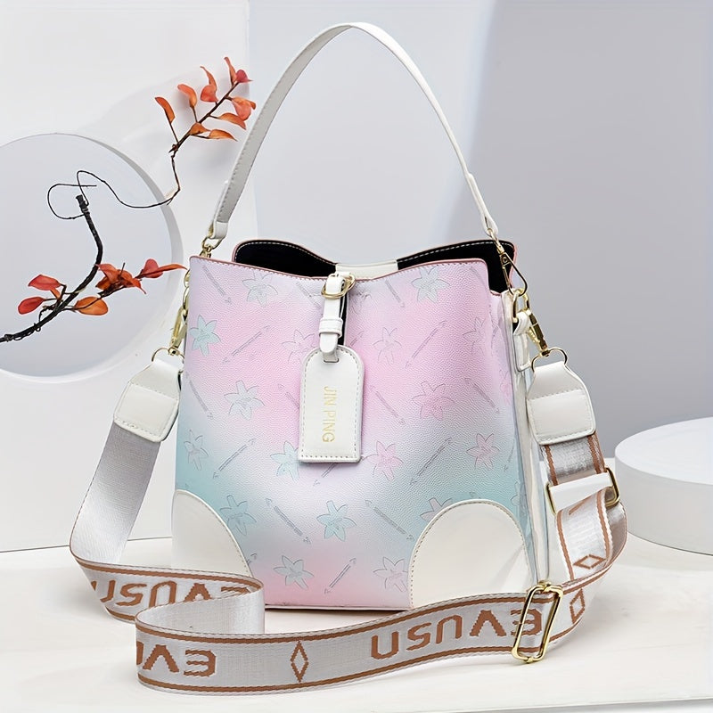 [Trendy Bucket Bag] Trendy Ombre Bucket Bag | Letter Print Handbag, Fashion Buckle Decor, Women's Every Day Purses