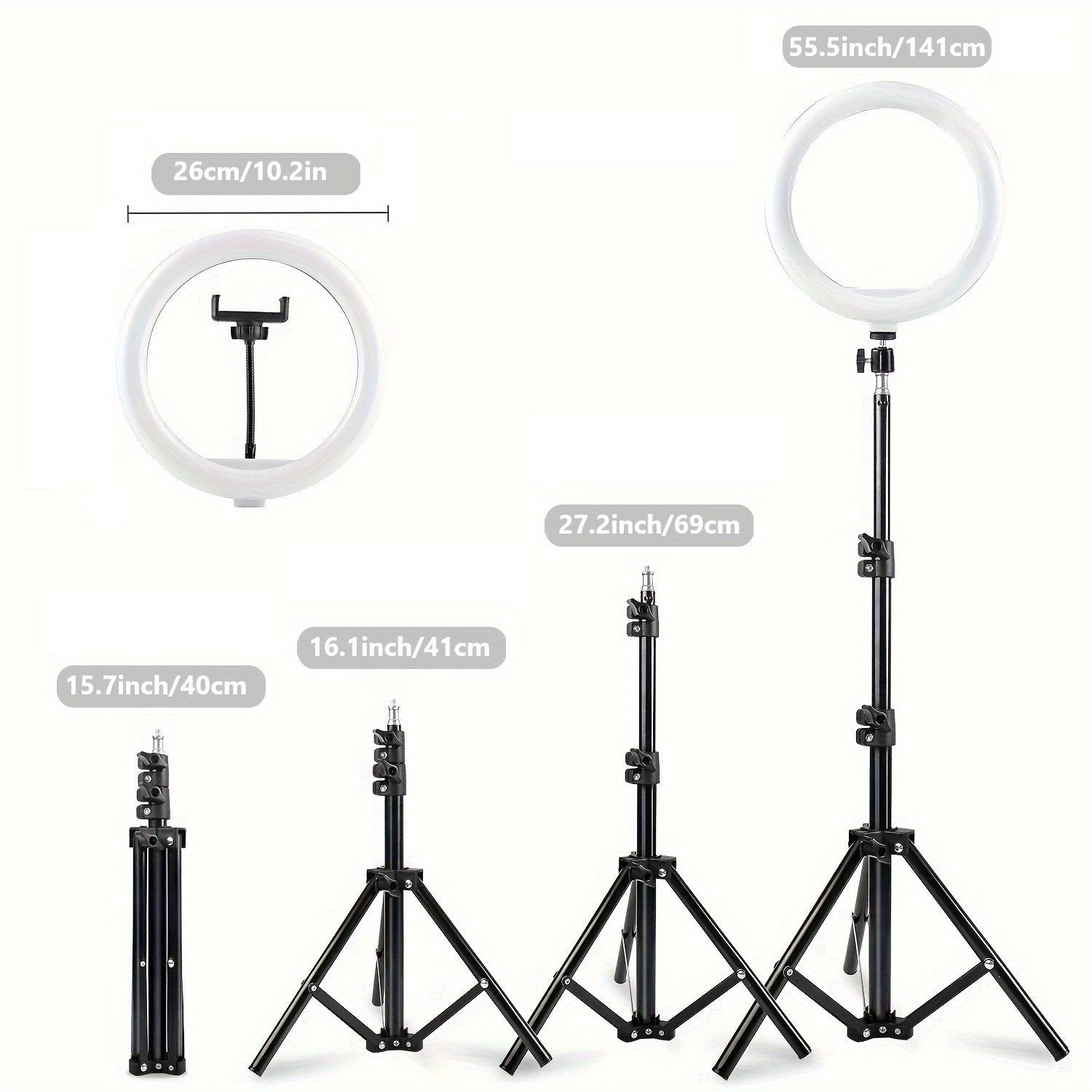 [LED Selfie Ring Light] 10-inch LED Selfie Ring Light with Adjustable Tri-Color, 43-inch Tripod & Phone Holder, USB Powered, for Live Streaming, Photography, Makeup, Video, Indoor Use, Compatible with Mobile Phones & Cameras