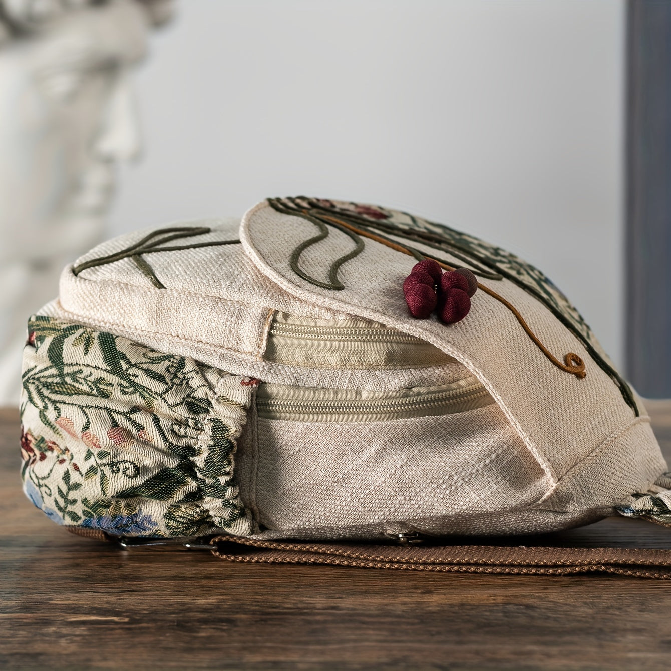 [Handcrafted Detail] Handcrafted Ethnic Style Women's Backpack with Purple Grape and Floral Embroidery, Versatile Dual-Carry Casual Travel Chest Bag, Fabric Material, Zip Closure, Polyester Lining - Ideal for Holidays and Eve