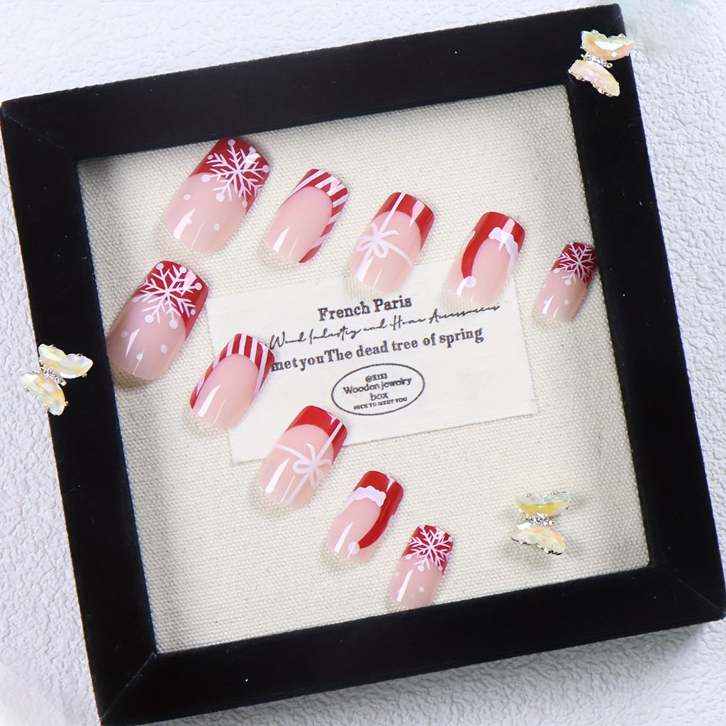 [Christmas | 24pcs Nail Set] 24pcs Christmas Nail Set - French Red Santa Hat, White Bow & Snowflake Design, Glossy Acrylic Nails for Women, Holiday Parties & Daily Wear, Festive Nail Art Gift, Elegant Nail Style, Durable Nail