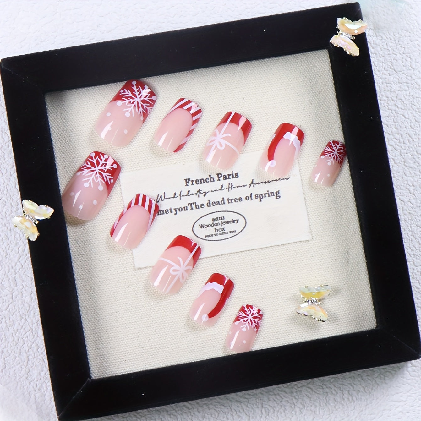 [Christmas | 24pcs Nail Set] 24pcs Christmas Nail Set - French Red Santa Hat, White Bow & Snowflake Design, Glossy Acrylic Nails for Women, Holiday Parties & Daily Wear, Festive Nail Art Gift, Elegant Nail Style, Durable Nail