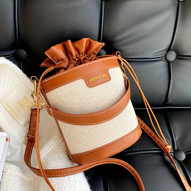 [Vintage Bucket Bag] Lightweight Vintage Style Shoulder Bucket Bag for Women | Messenger Bag with Adjustable Strap, Drawstring Closure, Polyester Lined, No Pattern - Crossbody Bag